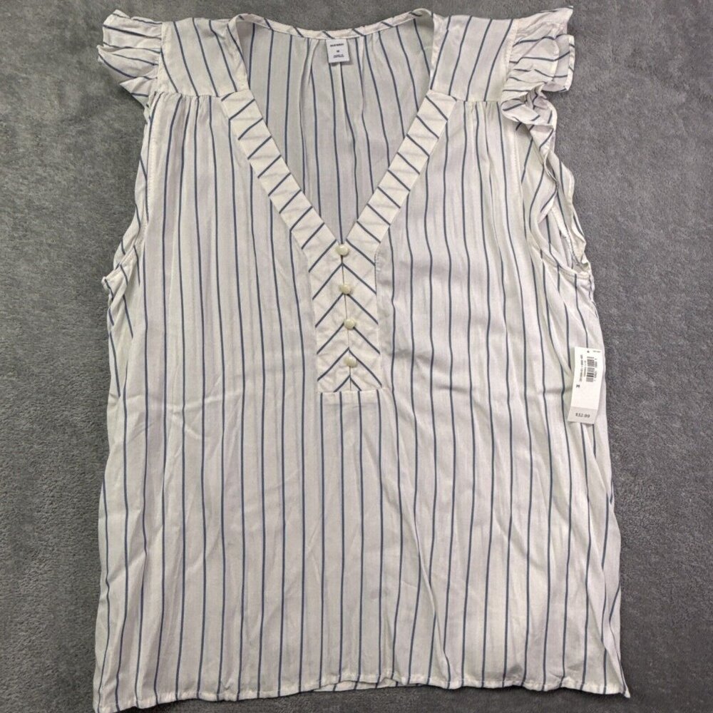 Old Navy Womens Top Sz M White Blue Striped V Neck Cap Sleeve Blouse